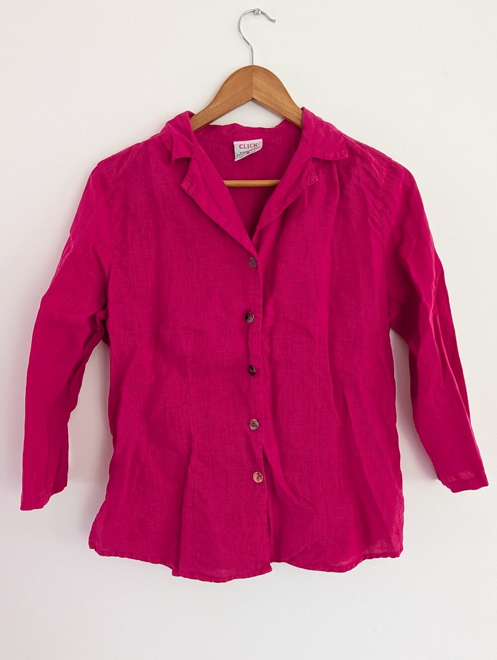 Click Linen Three Quarter Sleeve Button Down Shirt Pink Size Small